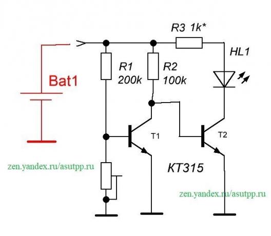 Beschrijving van een eenvoudige schakeling voor het bewaken van de batterij ontlading van de batterij of