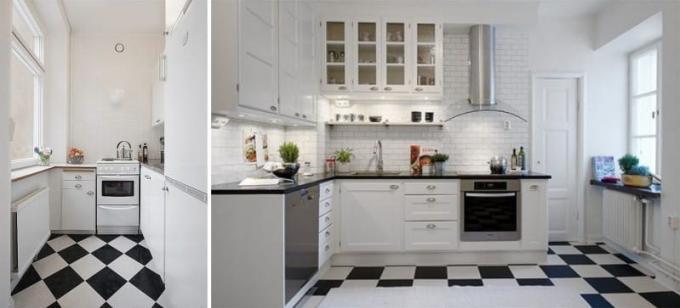 Zoals u kunt zien, passen de dambordtegels even goed in het interieur van zowel grote als kleine keukens.