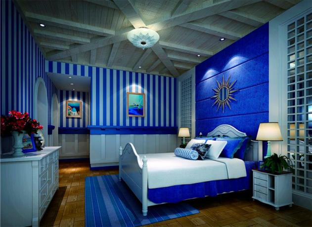 Foto van een slaapkamer met een blauwe tint door de hele kamer