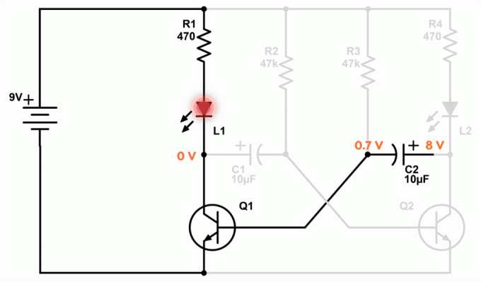 Meteen vanaf de spanning van de condensator C2 snel bereikt 7-8, wanneer de LED-verlichting aan de linkerkant.