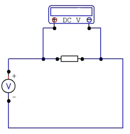 Fig. Schema 3 multimeter verbinding bij het meten gelijkspanning