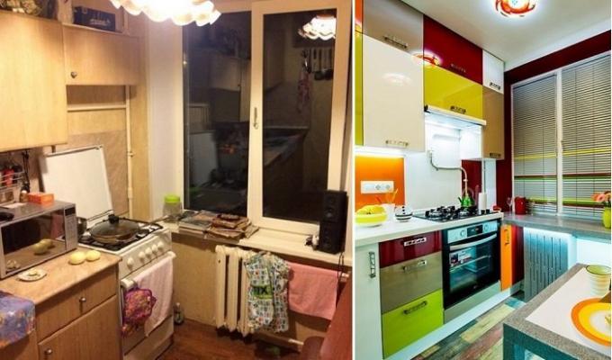 De keuken in de "Chroesjtsjov" voor en na reparaties.
