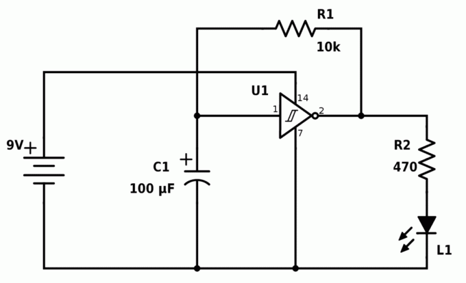 3 uitvoering van een eenvoudig schema met een knipperende LED