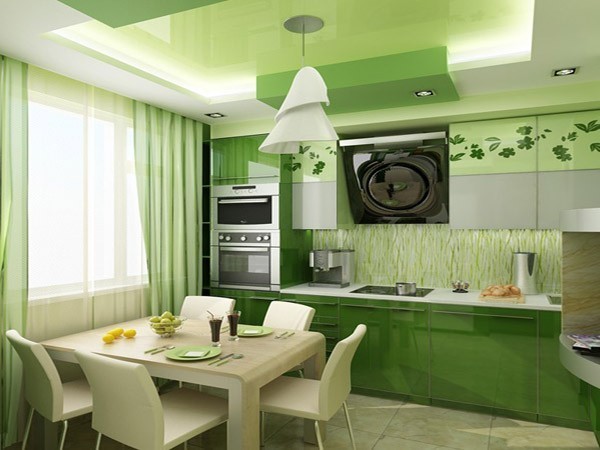 Keuken in groene tinten - de integriteit van het interieur maakt de keuze aan borden en gordijnen compleet