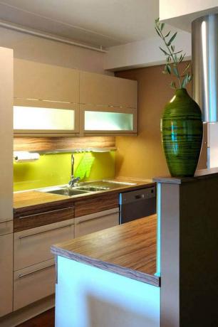 Het interieurontwerp van een kleine keukenkeuken sluit het gebruik van extra elementen om gezelligheid te creëren helemaal niet uit