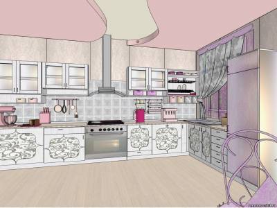 Ontwerp - project in de stijl van shabby - chic: keuken in grijs-paarse tinten.