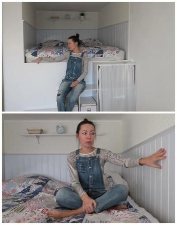 Op een hoge podium in de gevormde niche meisje maakte ze een echte slaapkamer. | Foto: youtube.com.
