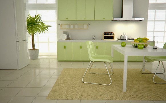 Wit behang voor een groene keuken, zal de tederheid van lichte tinten groen gunstig benadrukken