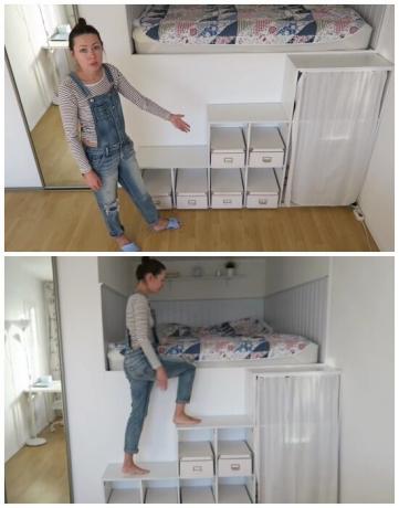 Om in een geïmproviseerde slaapkamer noodzaak om de trap te beklimmen, planken. | Foto: youtube.com.
