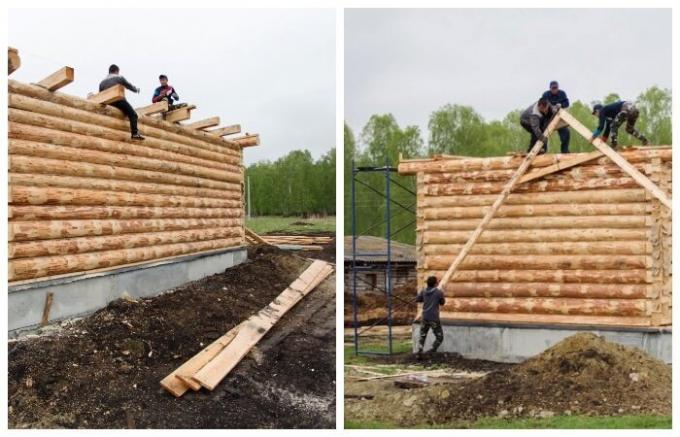 De bouw van twee huizen voor de toekomstige boeren (Sultanov, Chelyabinsk Region).